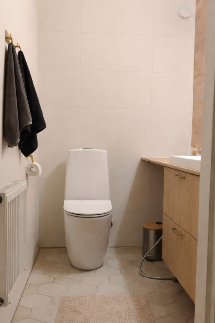 WC-tila Raahessa – moderni WC-istuin ja hexagon-laattalattia